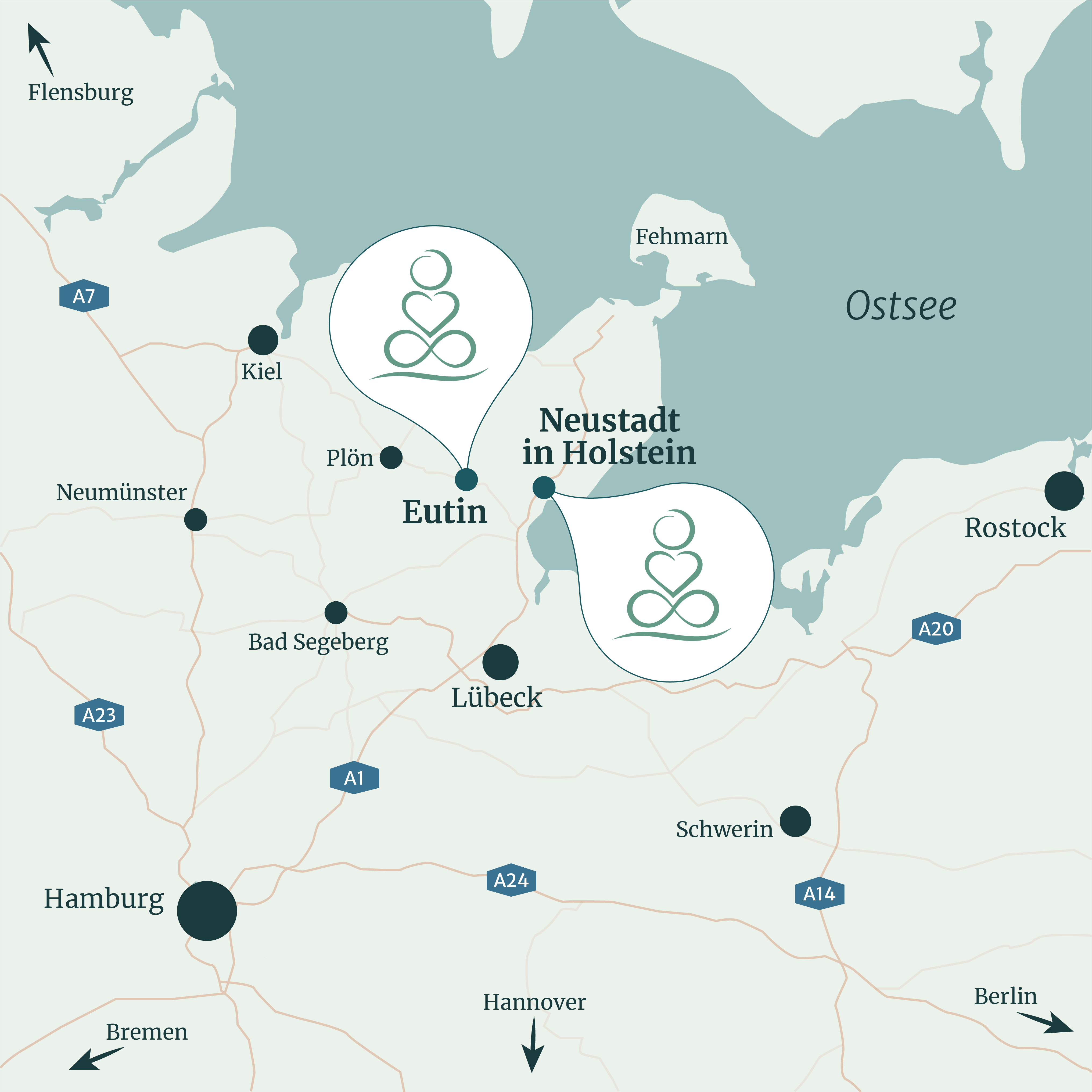 Lageplan zeigt die beiden Standorte in Eutin und Neustadt in Holstein auf der Landkarte an